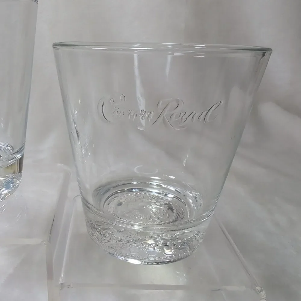 Crown Royal Whiskey Drinking Glass Set of 2 Embossed Logo Round Rocks Lowball